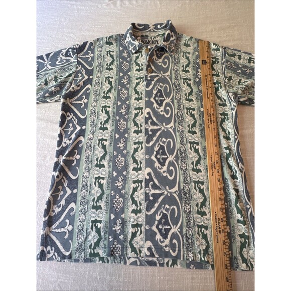 Vintage 90s Bugle Boy Polo Abstract Print Geometric Pattern Size Large Blue Camp - Picture 5 of 8